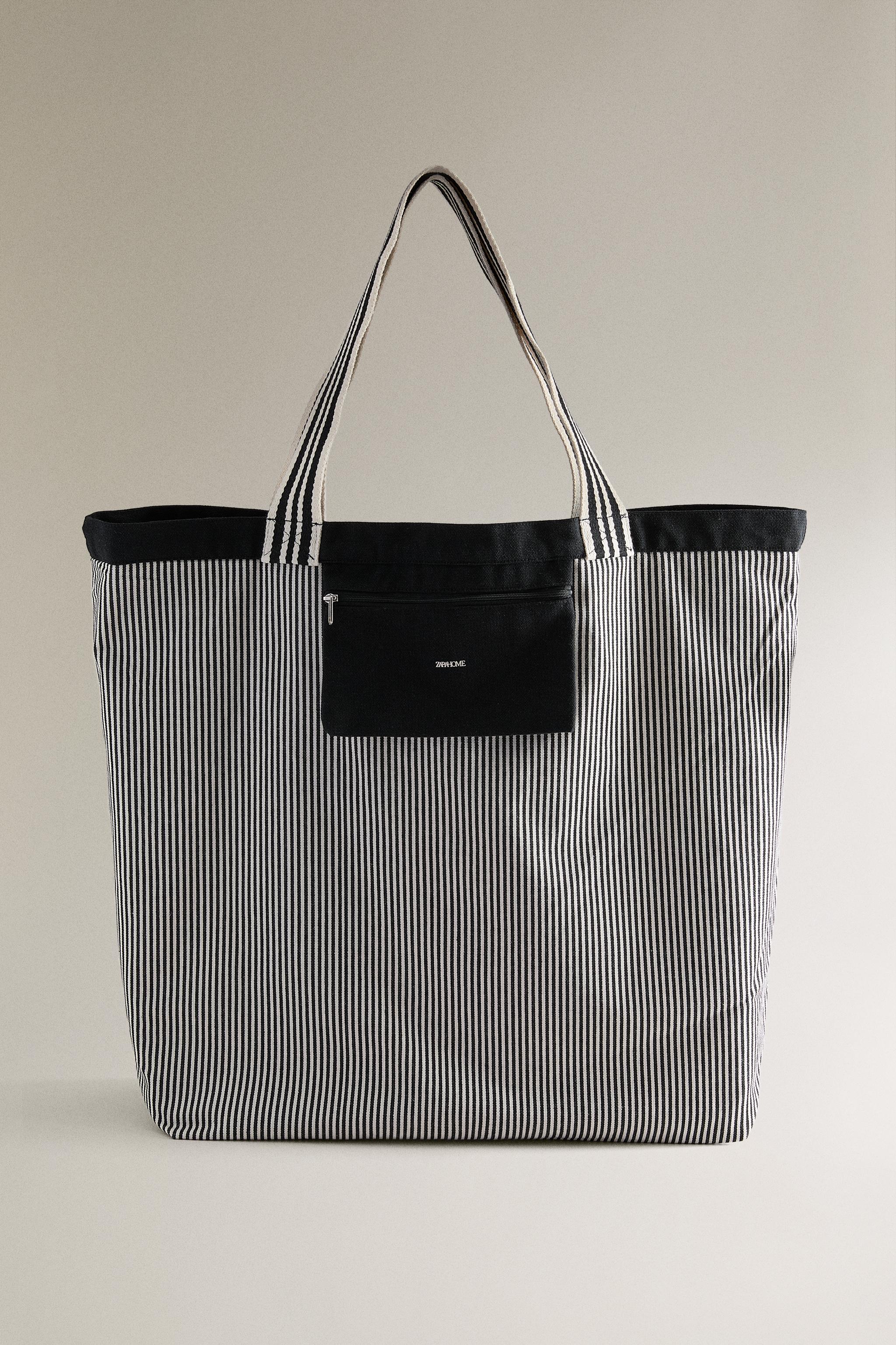 REVERSIBLE FABRIC STRIPED SHOPPER BAG